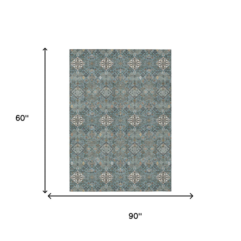 Teal blue geometric area rug with 60in by 90in dimensions diagram