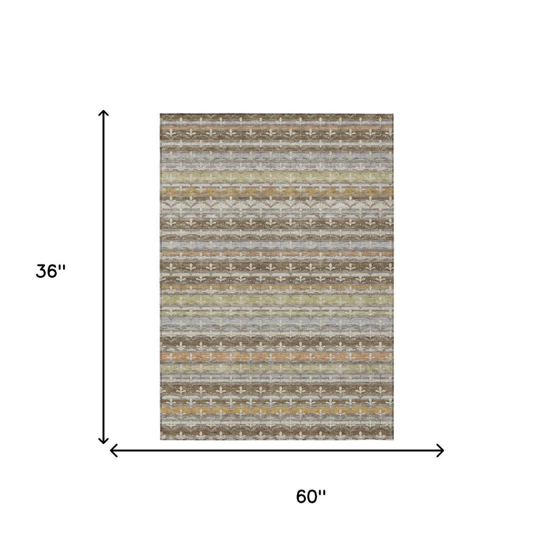 Rectangular damask area rug, 3 ft x 5 ft, neutral beige and gray floral pattern.