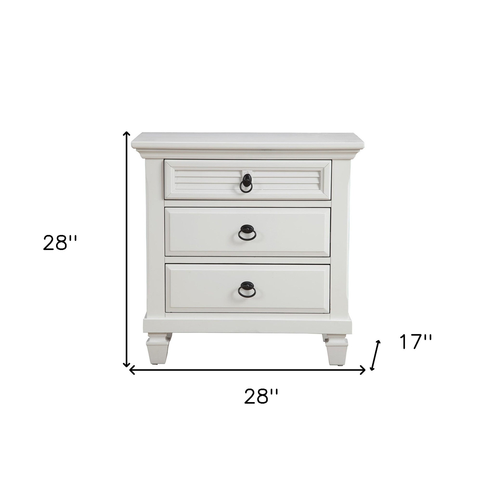 White wood 3-drawer nightstand dimensions shown: 28" wide and 17" high
