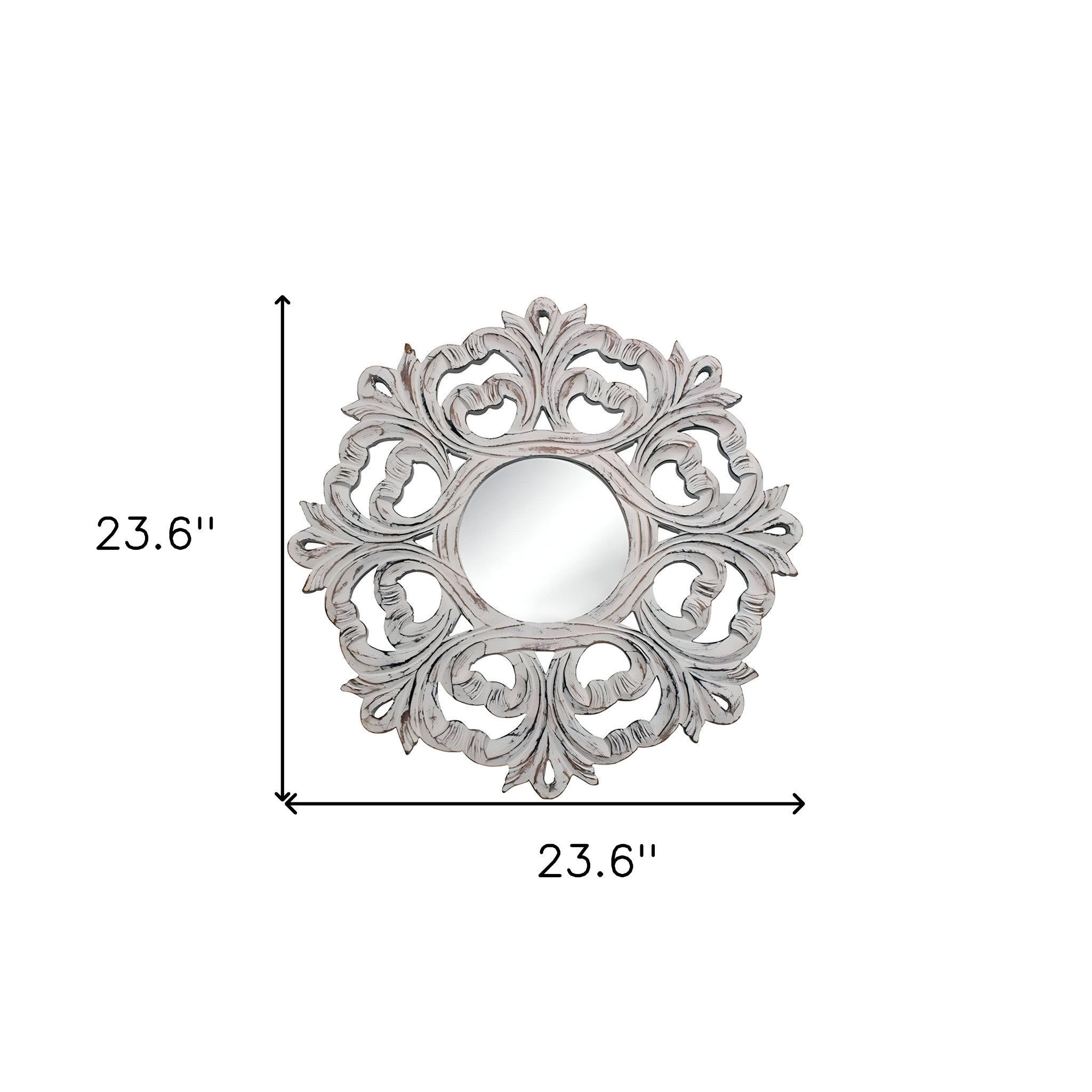 24" White Floral Scrollwork Distressed Round Framed Accent Mirror - Bed & Bath