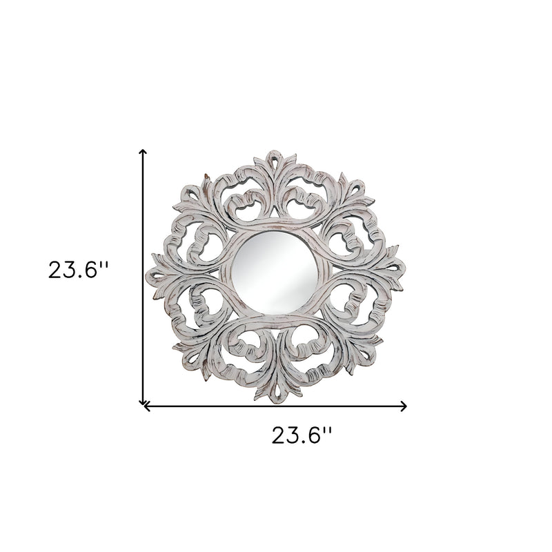 24" White Floral Scrollwork Distressed Round Framed Accent Mirror - Bed & Bath