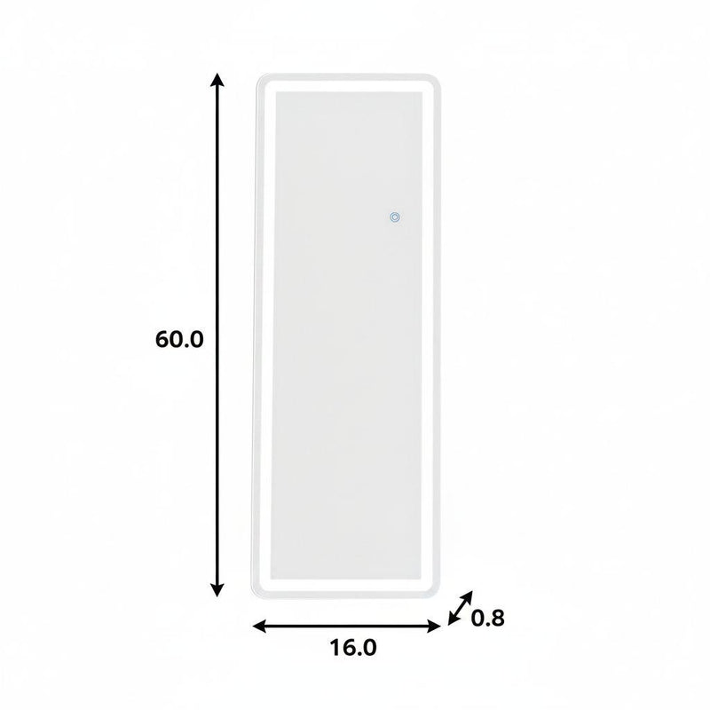 Full-length LED mirror dimensions: 60.0 in height, 16.0 in width, 0.8 in depth