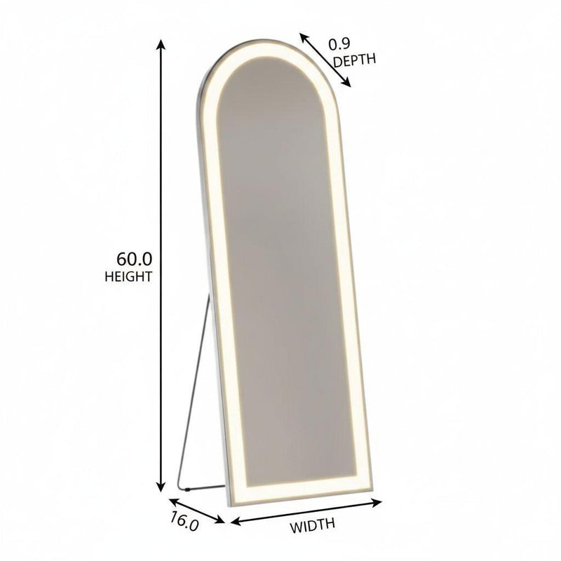 Arched mirror 60"H x 16"W x 0.9"D with warm LED-lit silver frame