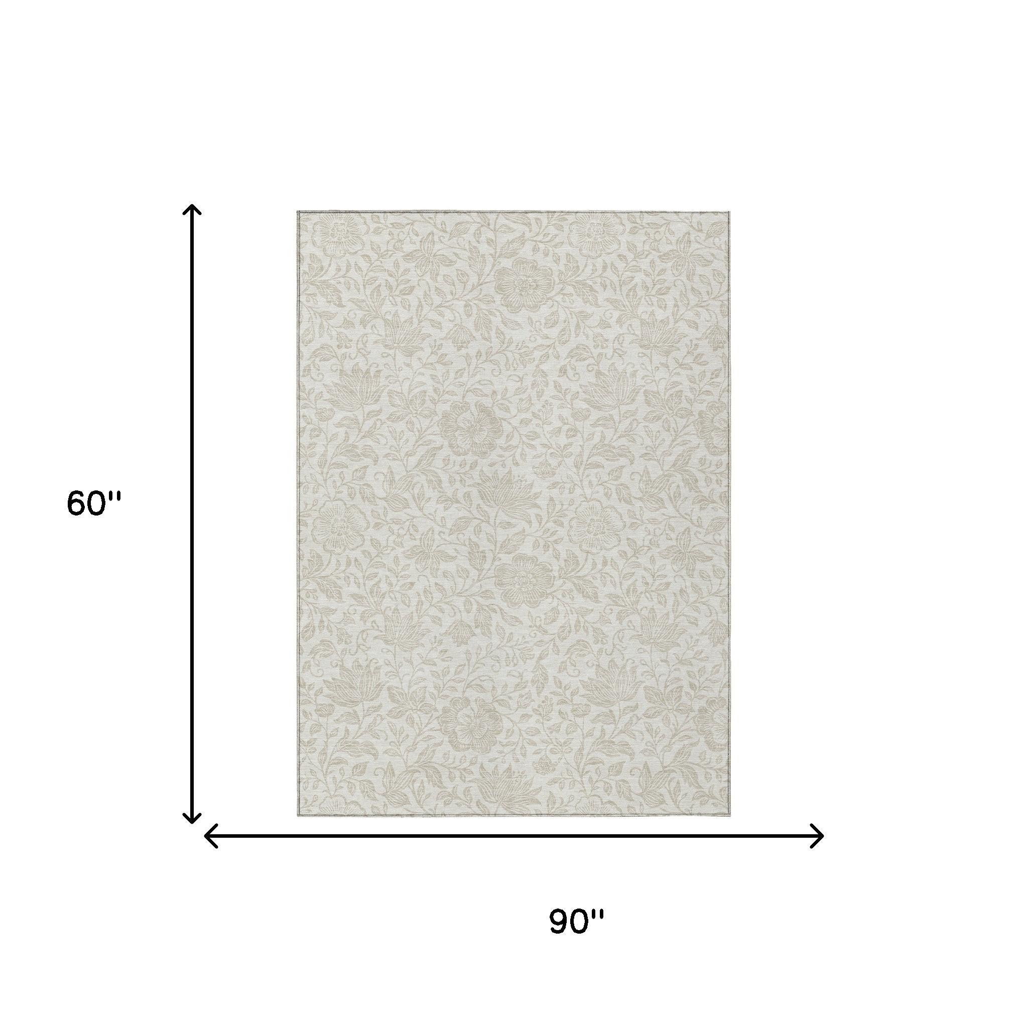 Ivory floral area rug, 90 x 60 in, beige leaf-and-bloom design
