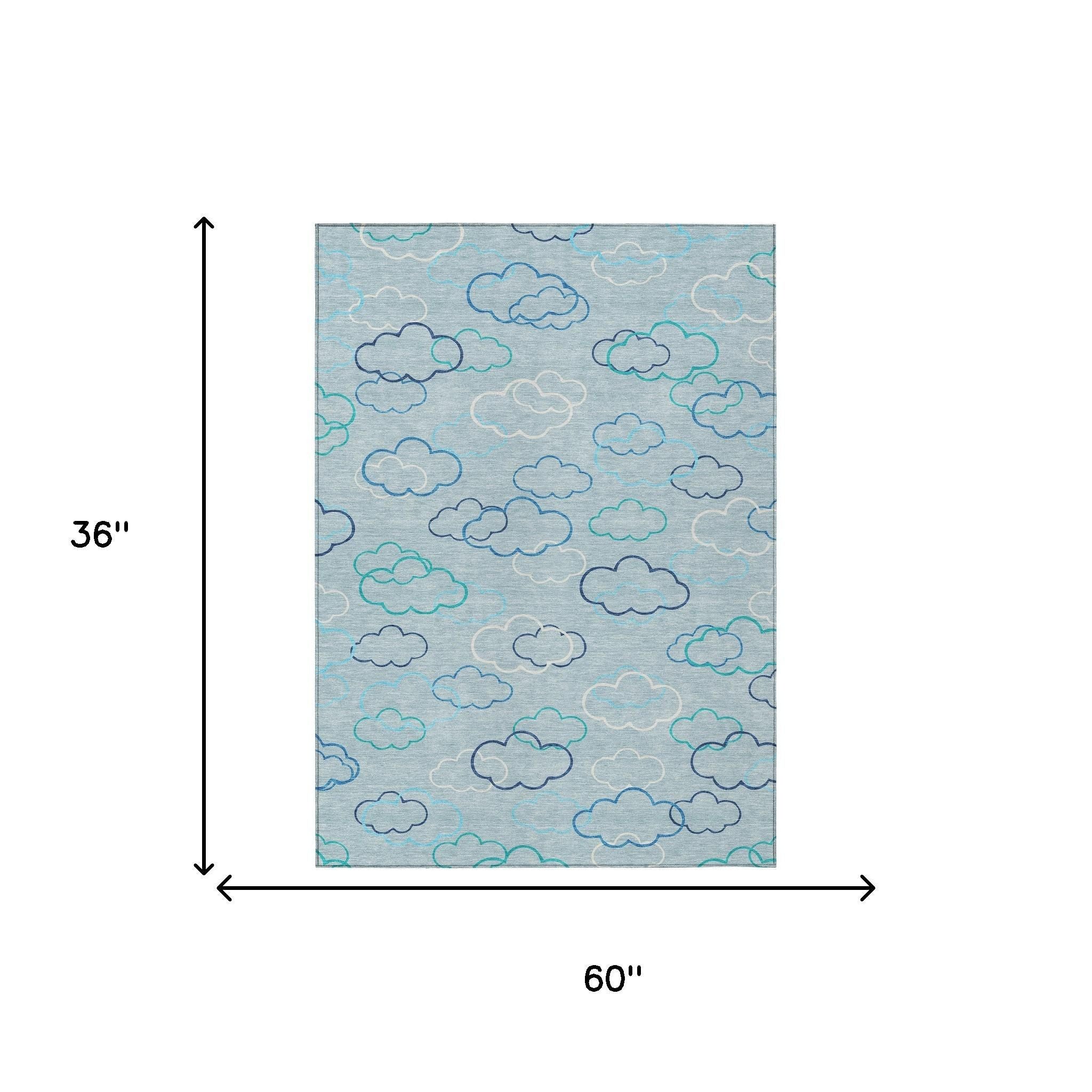 Sky blue area rug with cloud pattern; 60 in x 36 in size