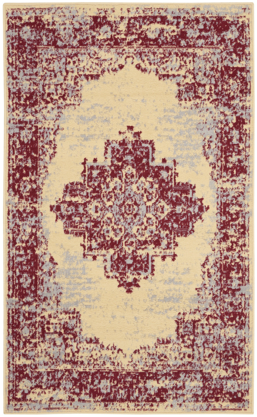 3' X 5' Cream Gray and Red Medallion Distressed Non Skid Area Rug - Home & Garden
