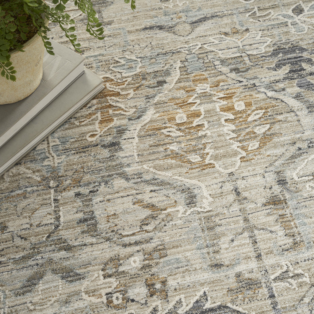 5' X 8' Ivory Black And Taupe Oriental Distressed Area Rug With Fringe - Home & Garden