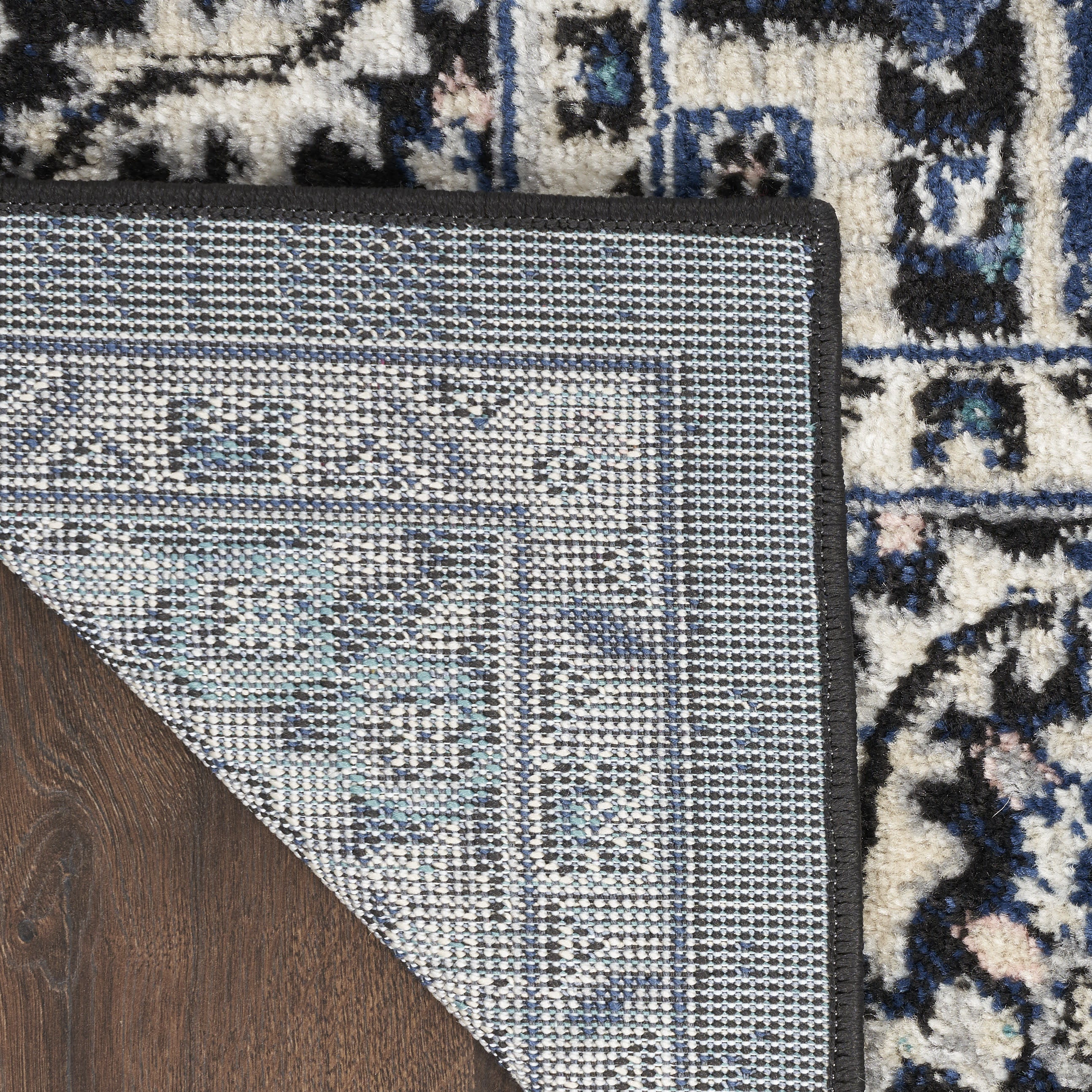 10' Black Ivory And Blue Floral Runner Rug - Home & Garden