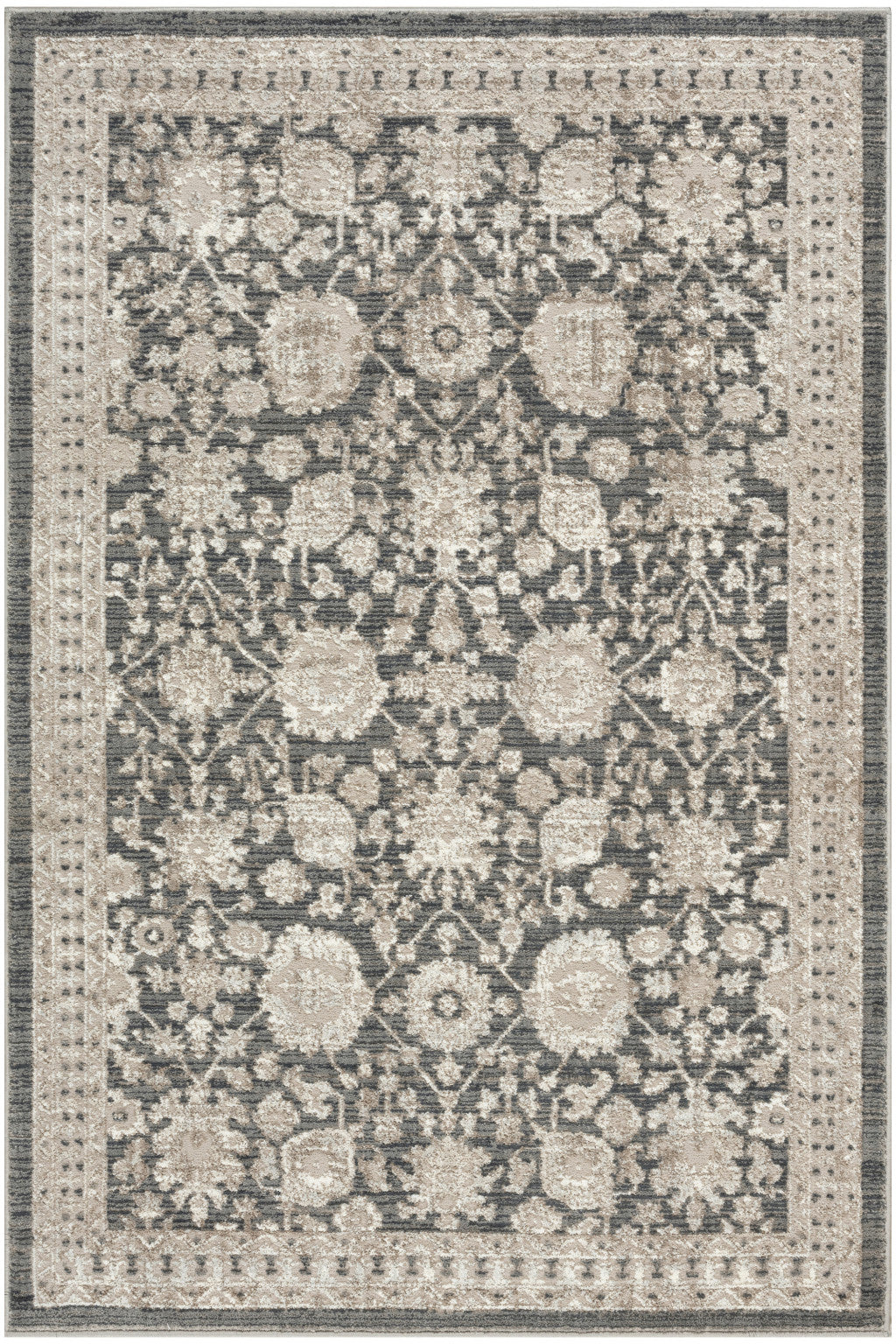 5' X 7' Ivory Gray And Charcoal Floral Distressed Non Skid Area Rug - Home & Garden