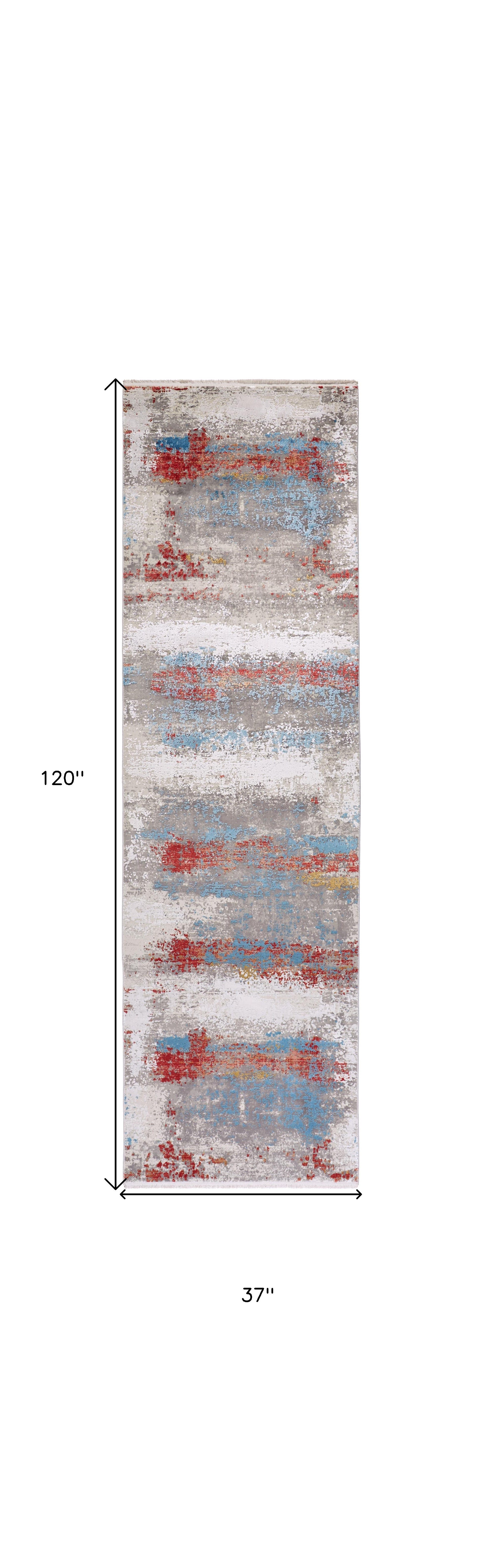 10' Gray Blue and Red Abstract Power Loom Runner Rug With Fringe - Home & Garden