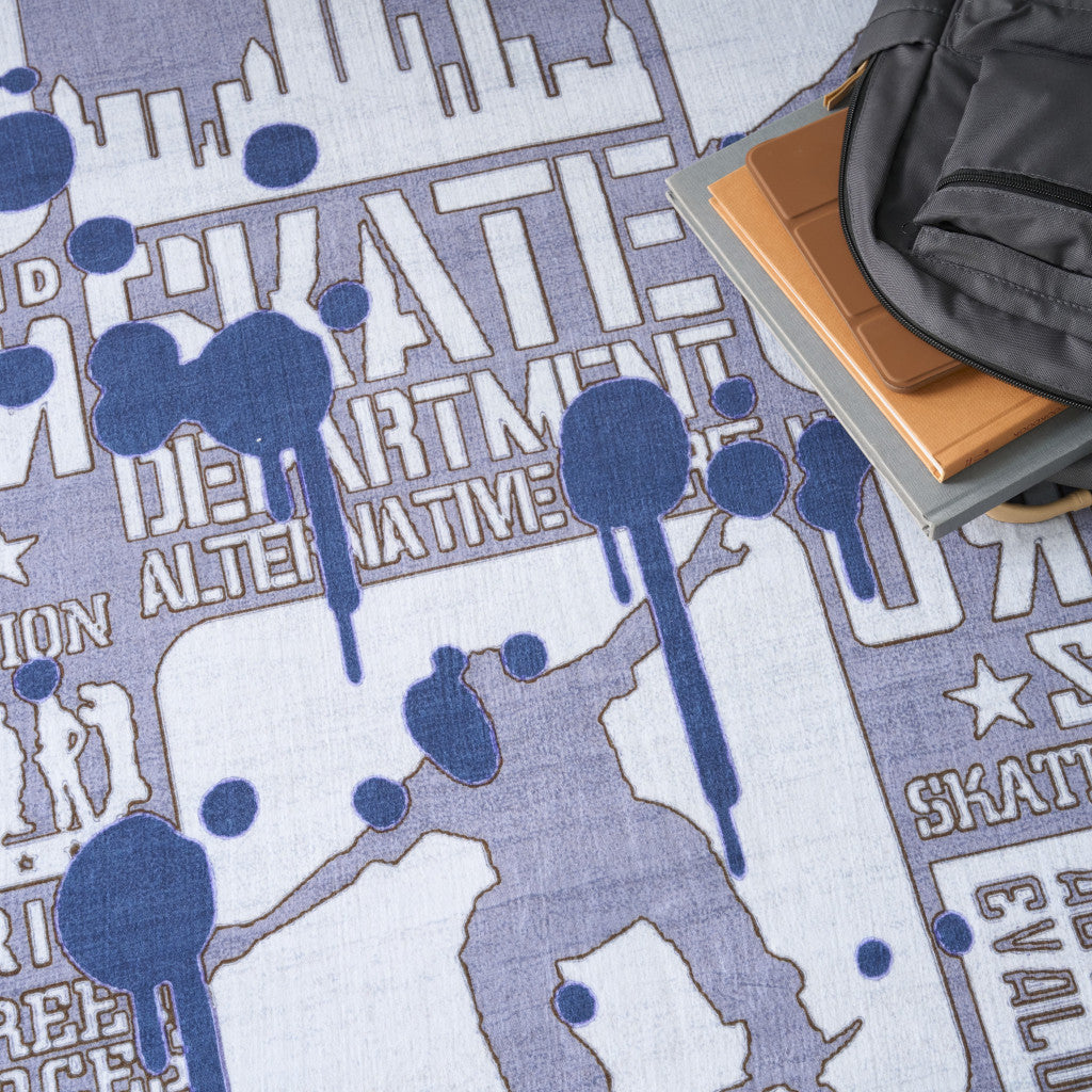 4' X 5' Blue And Gray Skateboard Youthful Area Rug - Home & Garden