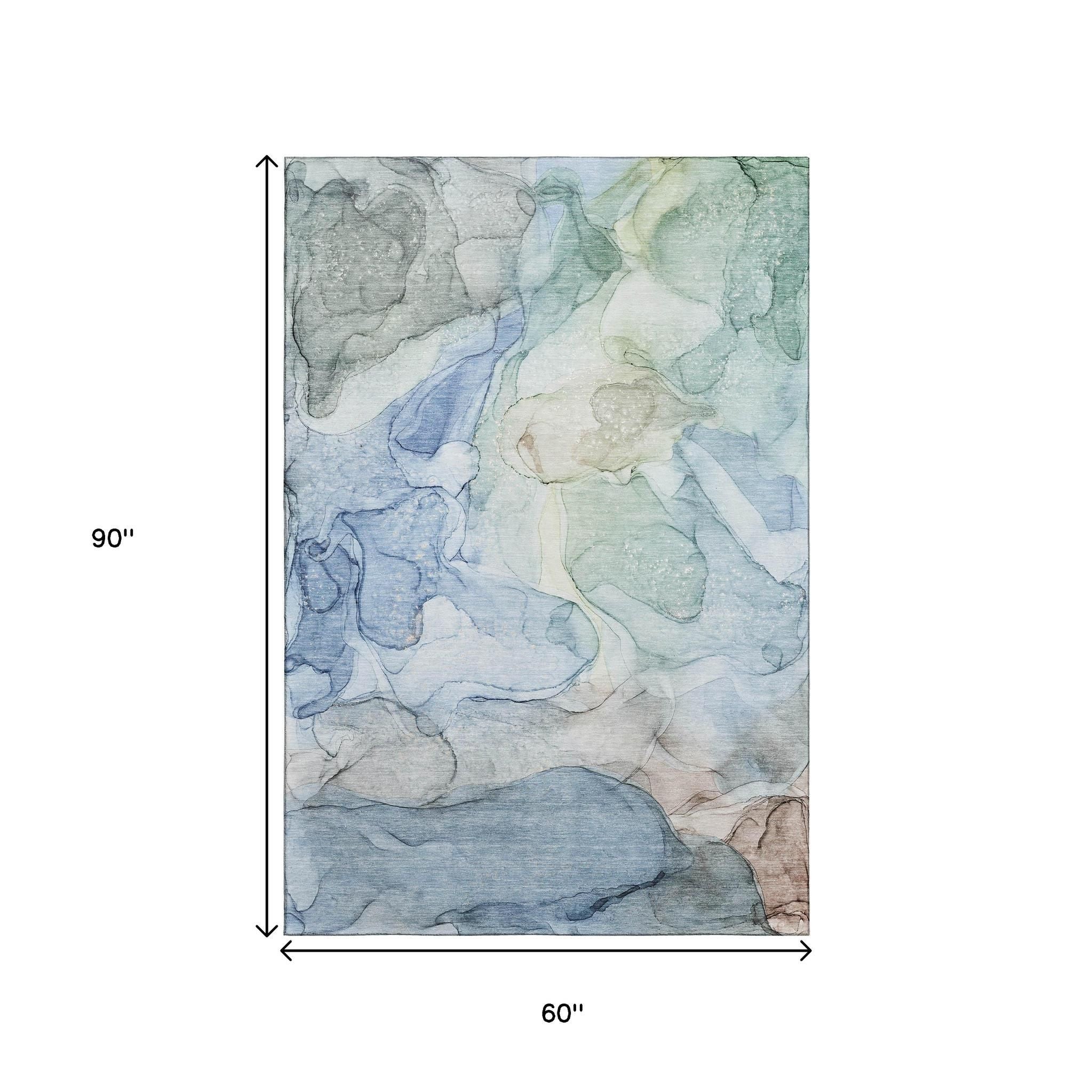 5' X 8' Blue And Ivory Abstract Washable Area Rug With UV Protection - Home & Garden