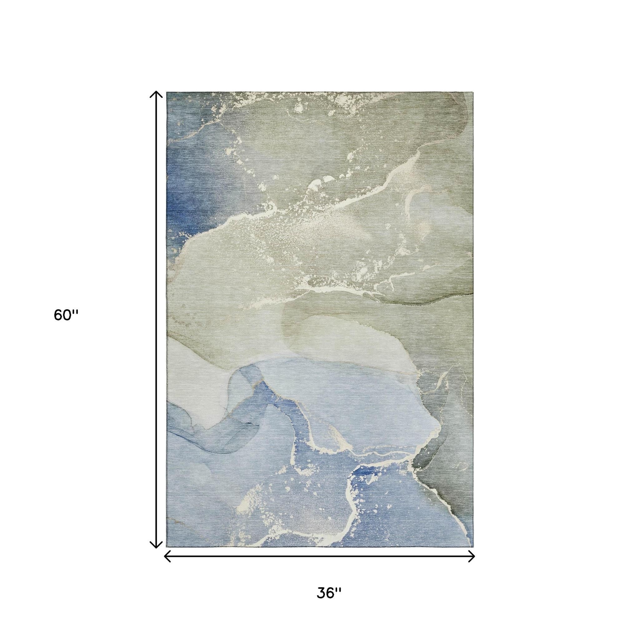 3' X 5' Blue Gray And Ivory Abstract Washable Area Rug With UV Protection - Home & Garden