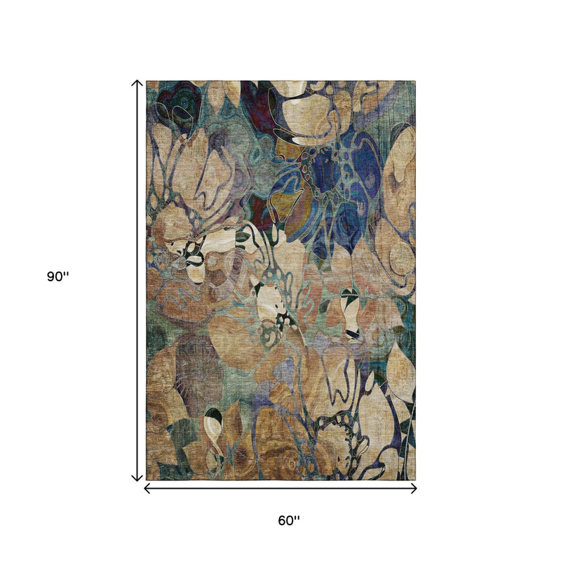 5' X 8' Beige Blue And Purple Abstract Distressed Washable Area Rug With UV Protection - Home & Garden