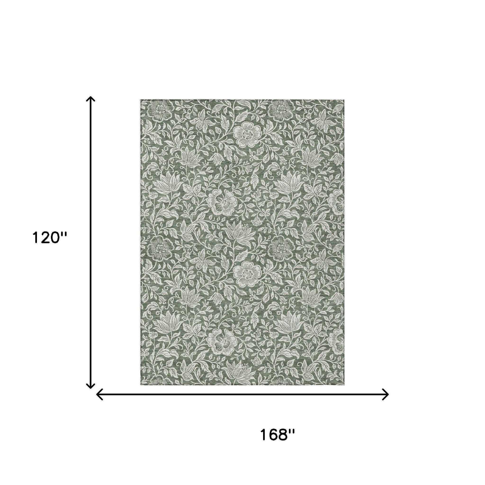 Green and ivory floral washable area rug, 168 in by 120 in
