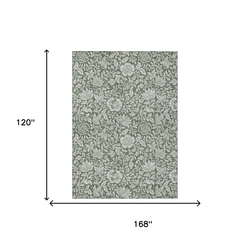 Green and ivory floral washable area rug, 168 in by 120 in