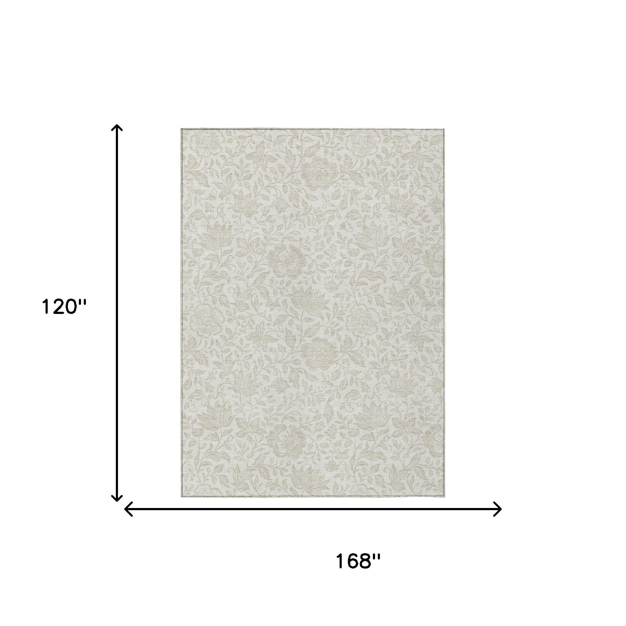 10' X 14' Ivory And Beige Floral Washable Indoor Outdoor Area Rug - Sports & Outdoor