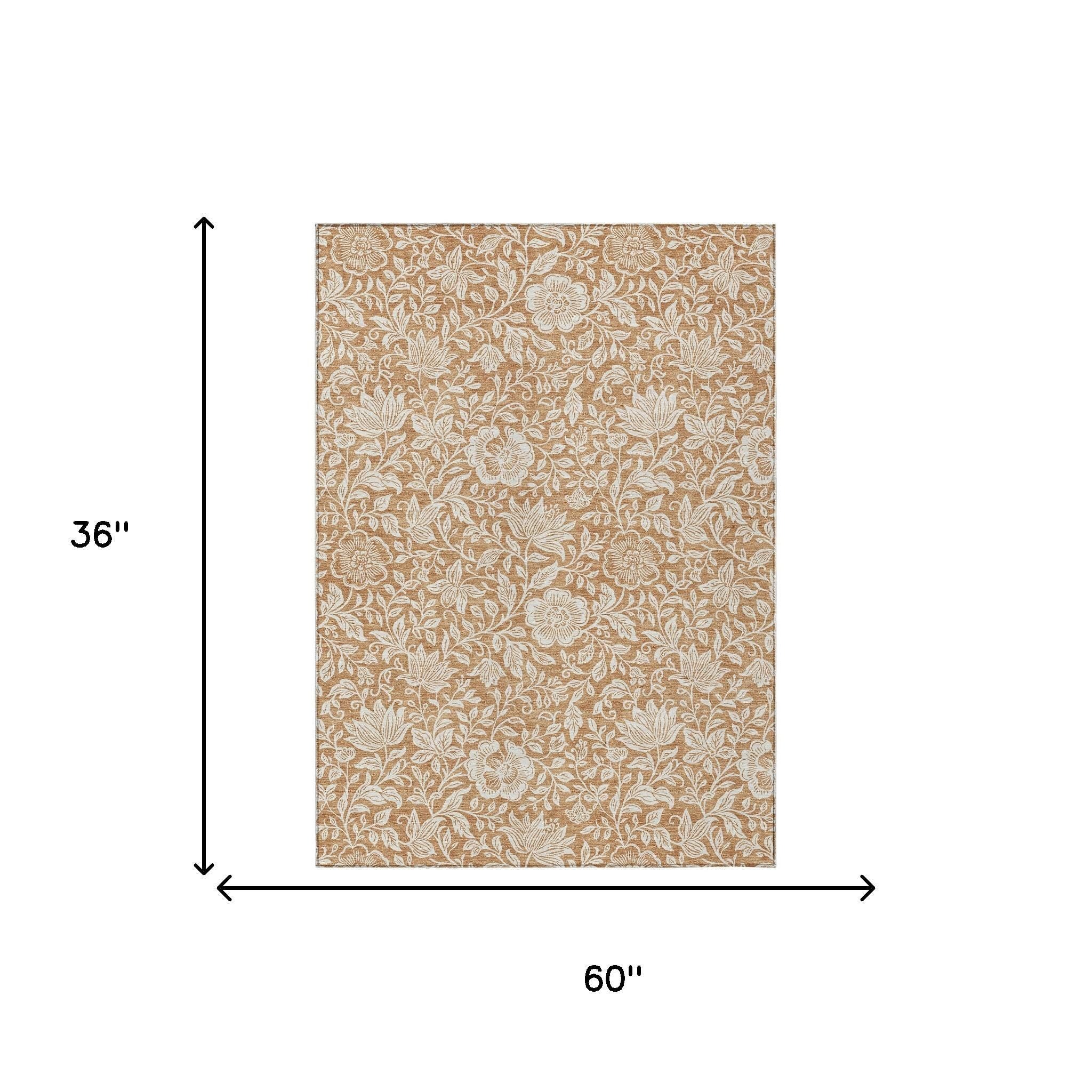 Copper and ivory floral area rug, rectangular, washable indoor/outdoor (3x5)