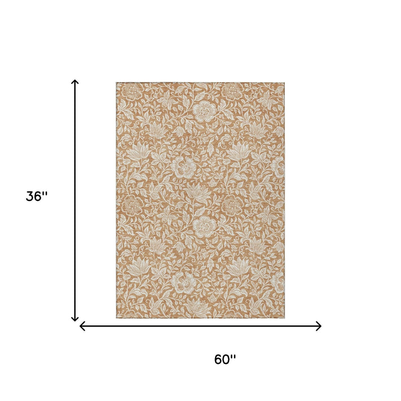 Copper and ivory floral area rug, rectangular, washable indoor/outdoor (3x5)