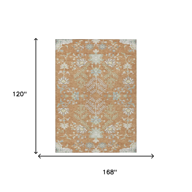 Copper-brown oriental area rug with ivory and light blue pattern, 10 x 14 ft size