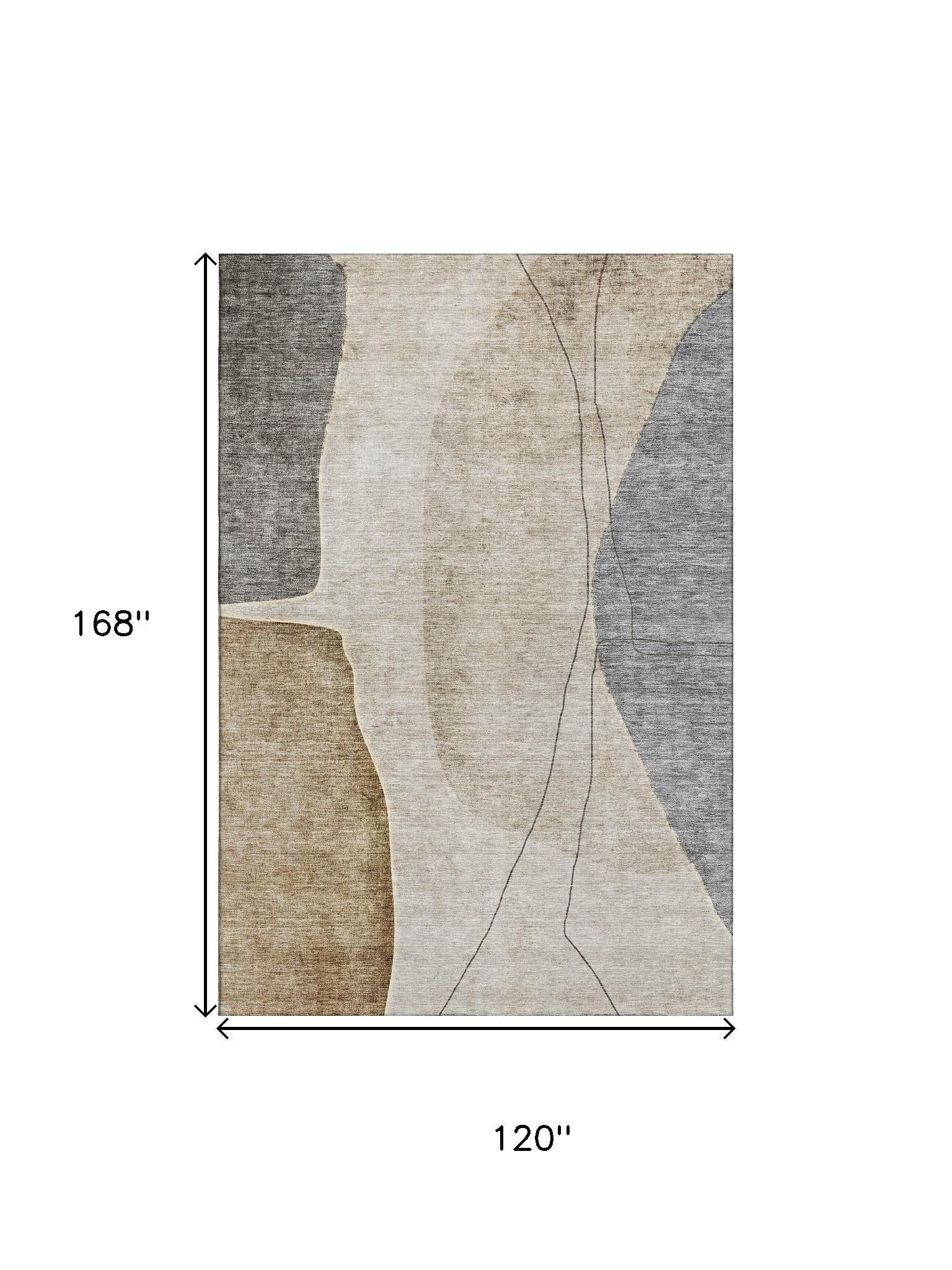 10' X 14' Taupe Beige And Gray Abstract Washable Area Rug With UV Protection - Home & Garden