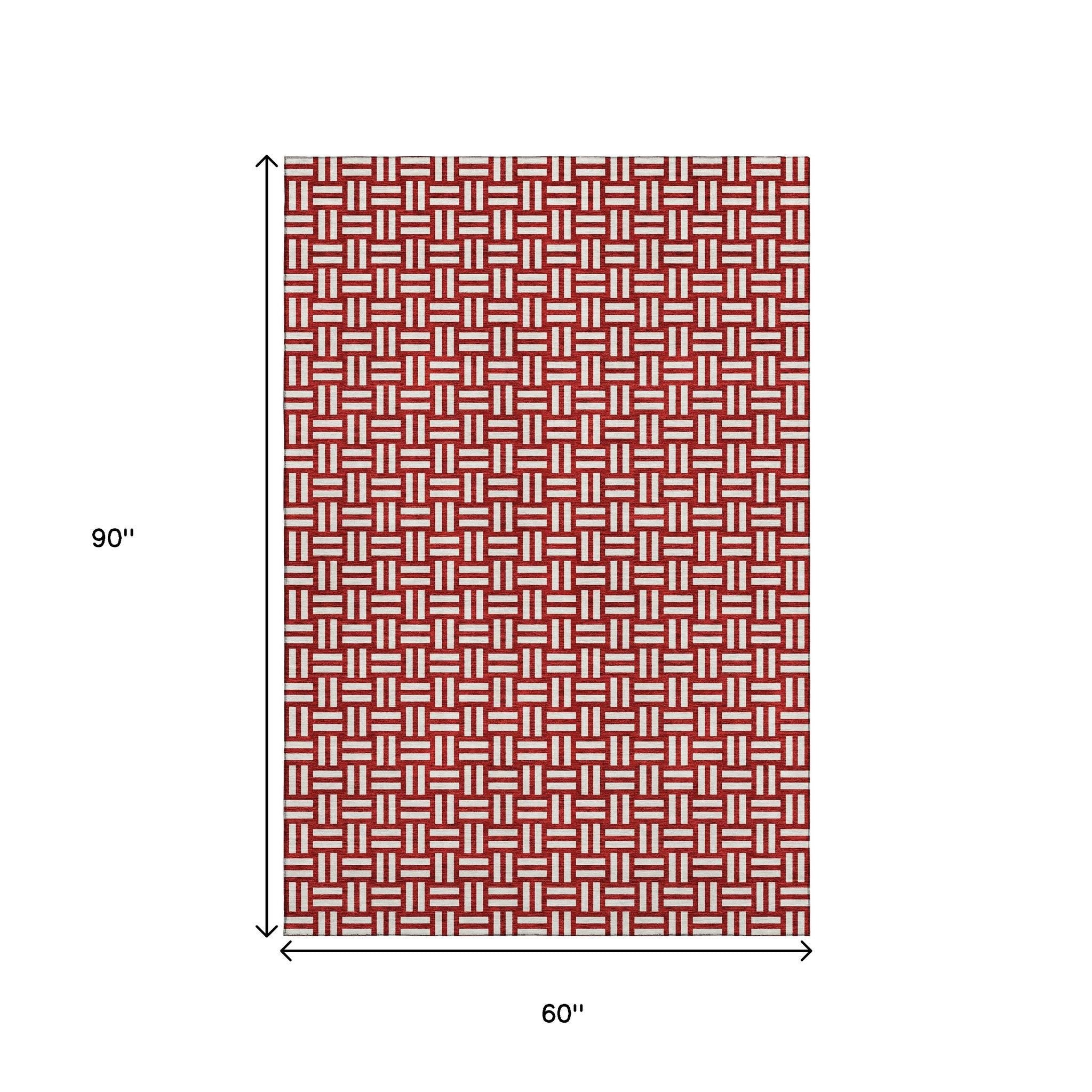 5' X 8' Red And Ivory Abstract Geometric Washable Area Rug With UV Protection - Home & Garden