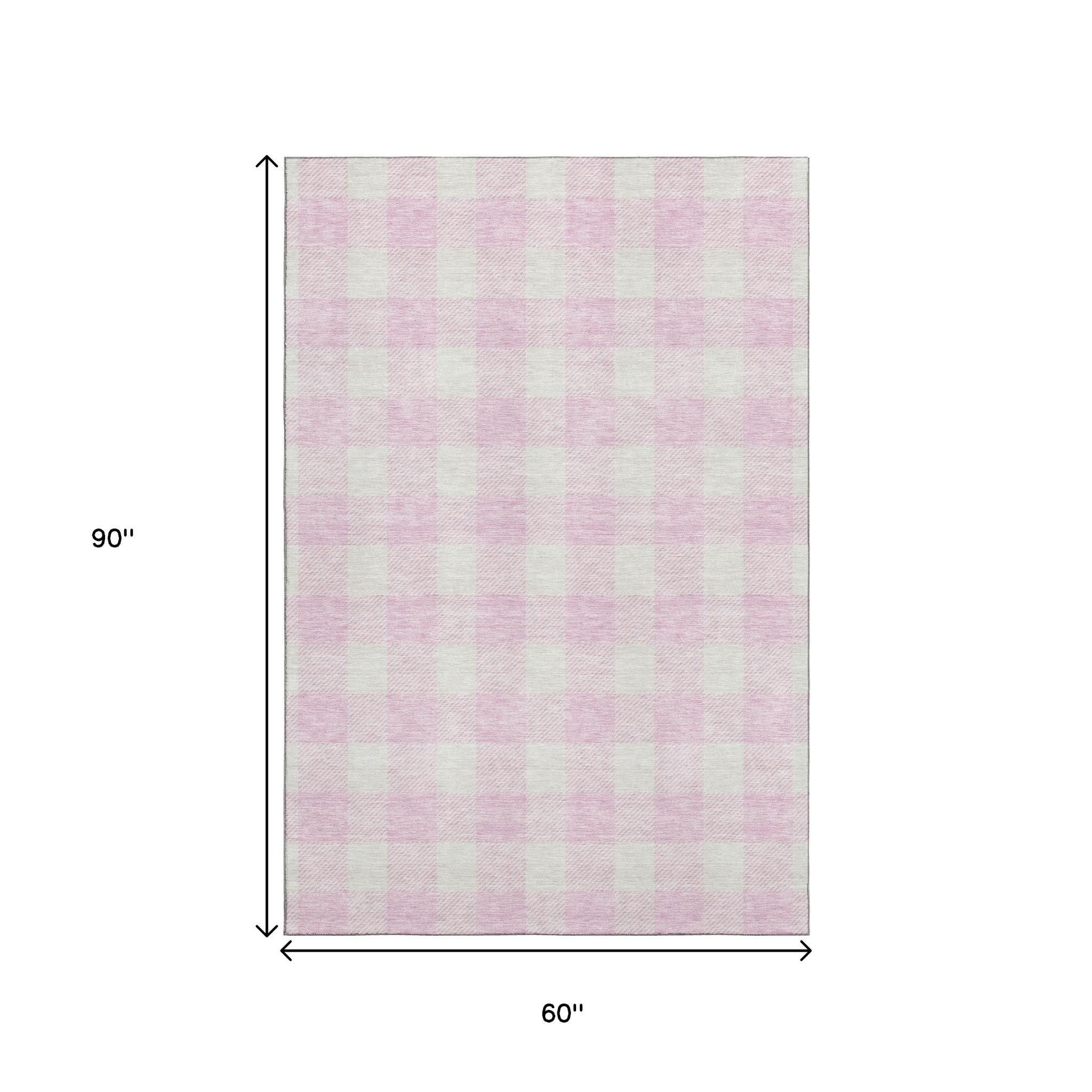 5' X 8' Pink And Ivory Plaid Washable Area Rug With UV Protection - Home & Garden