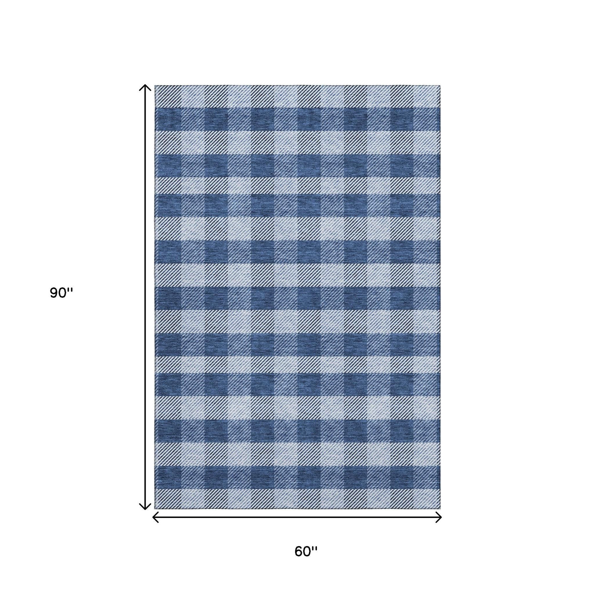 5' X 8' Navy Blue And Ivory Plaid Washable Area Rug With UV Protection - Home & Garden