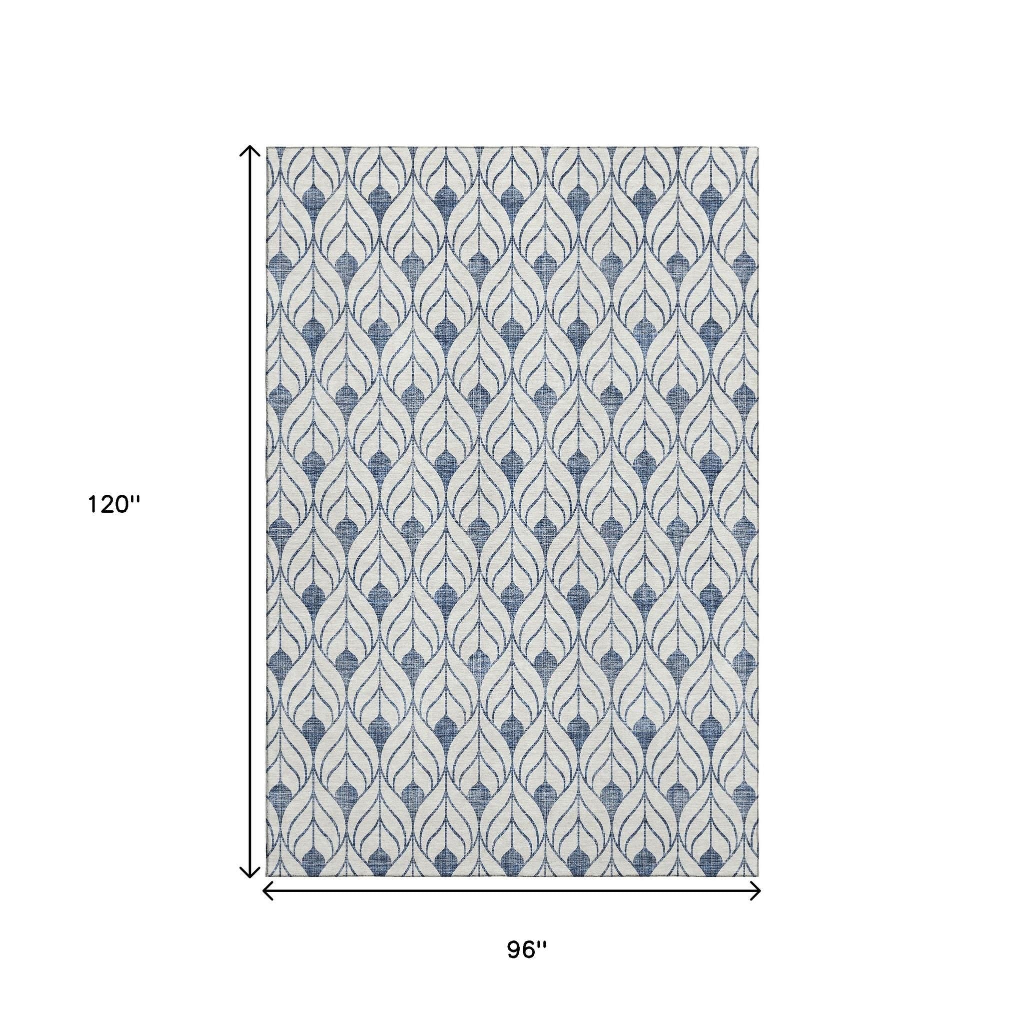 8' X 10' Blue And Ivory Geometric Washable Area Rug With UV Protection - Home & Garden