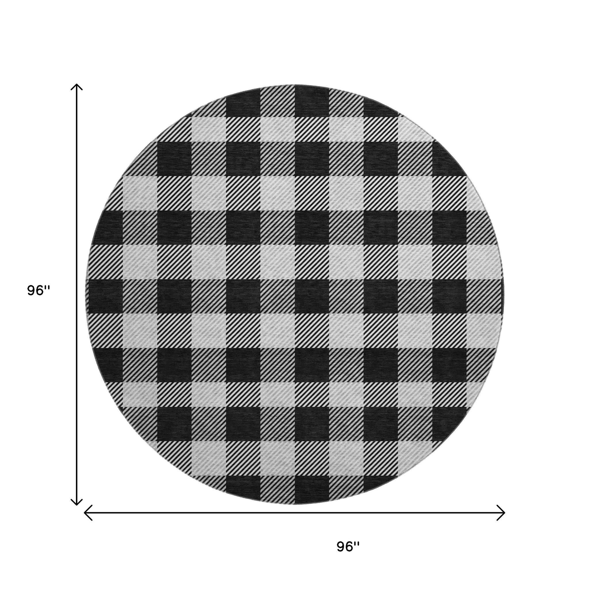 8' Black And Ivory Plaid Washable Round Rug With UV Protection - Home & Garden