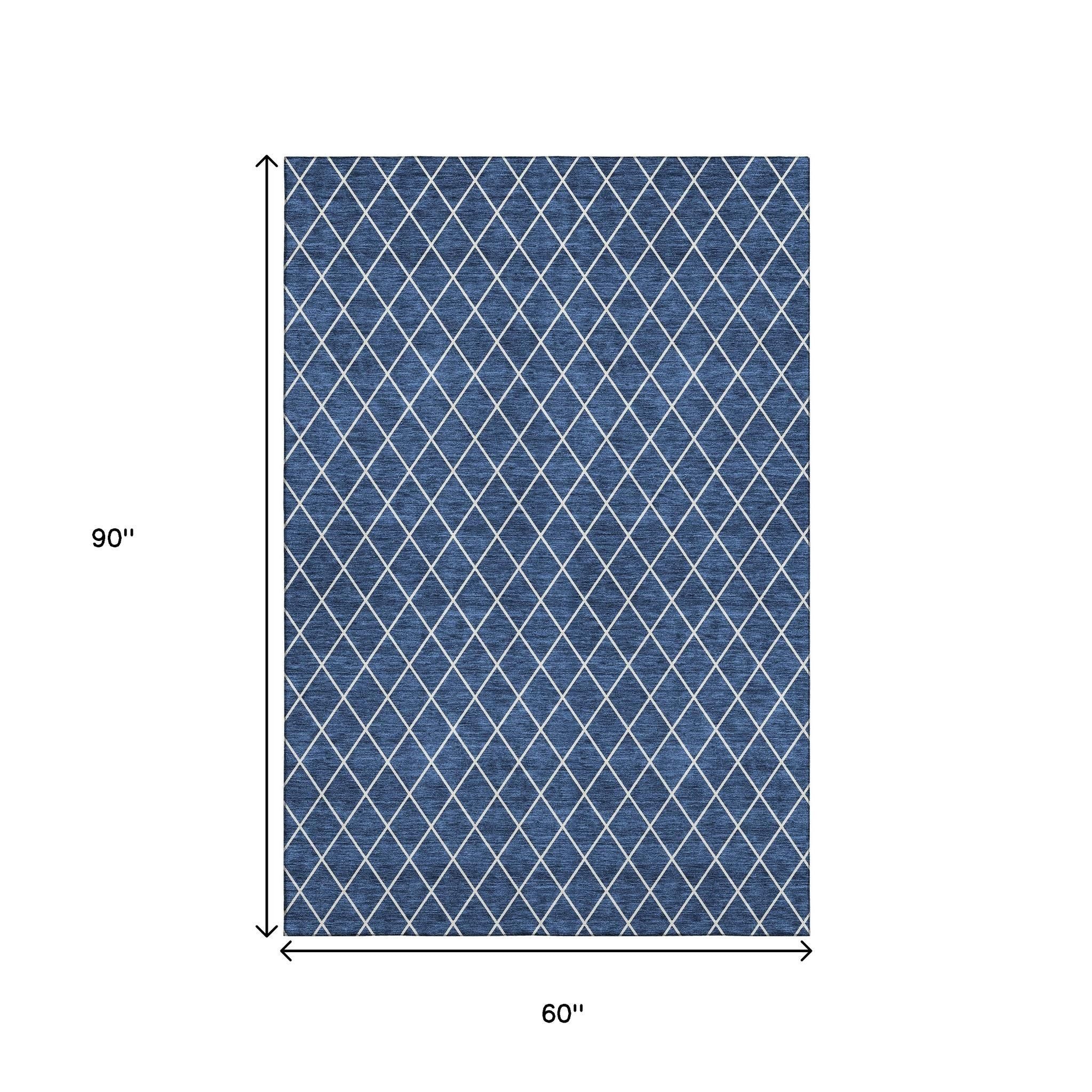 5' X 8' Navy Blue And Ivory Geometric Washable Area Rug With UV Protection - Home & Garden