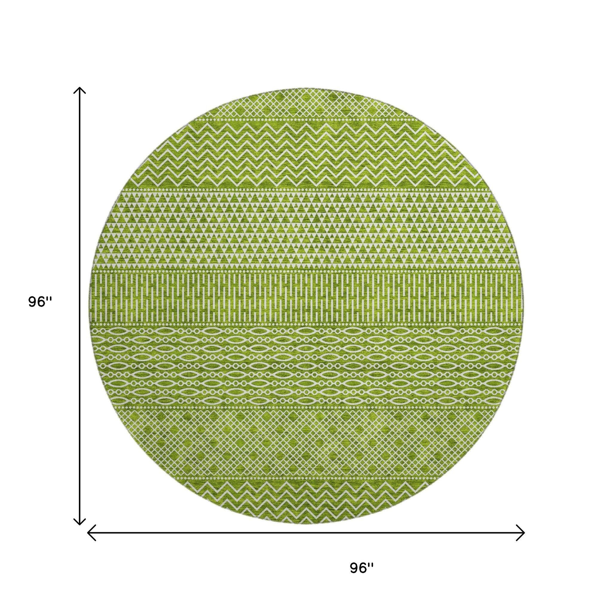 8' Lime Green And Ivory Striped Washable Round Rug With UV Protection - Home & Garden