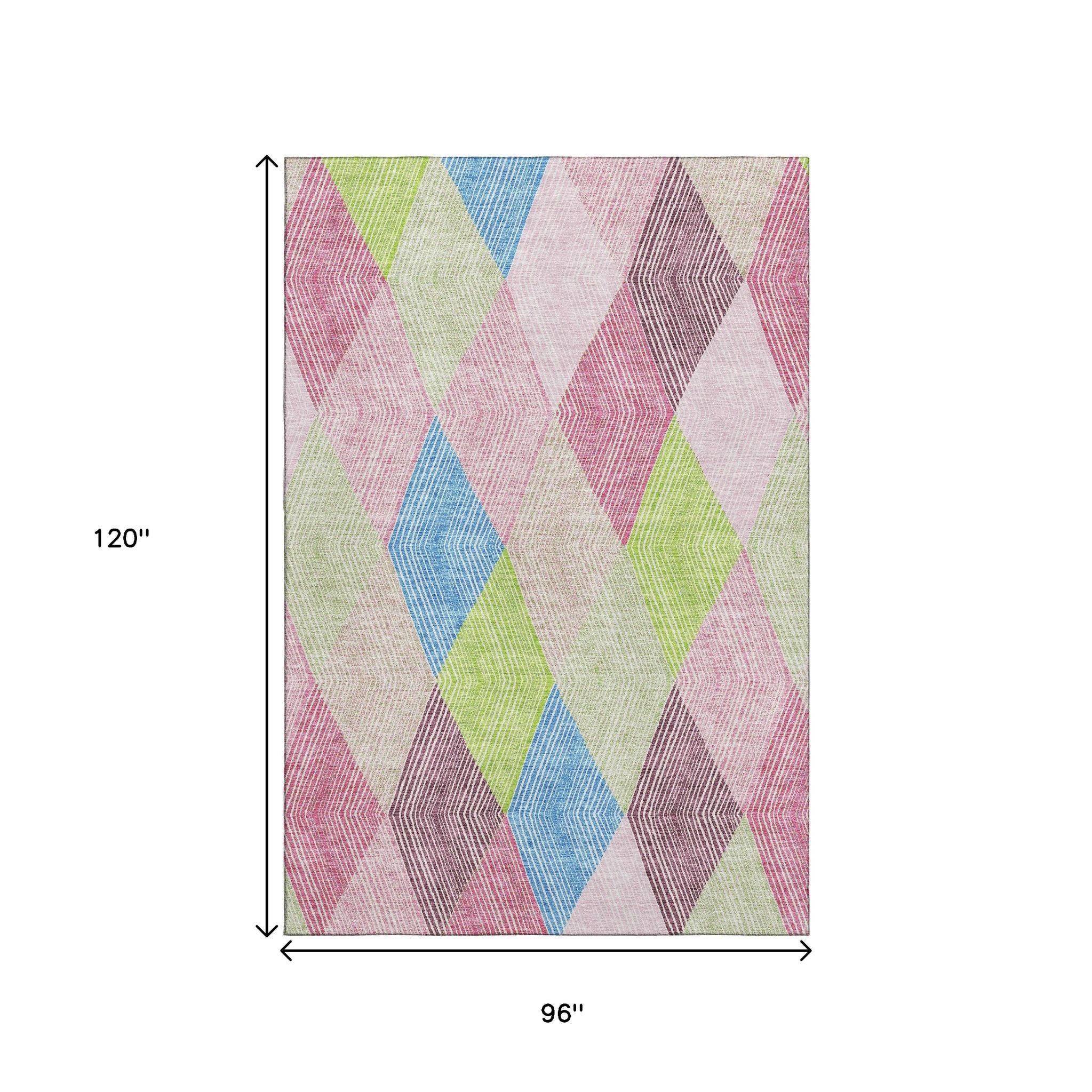 8' X 10' Pink Lime Green And Blue Geometric Washable Area Rug With UV Protection - Home & Garden