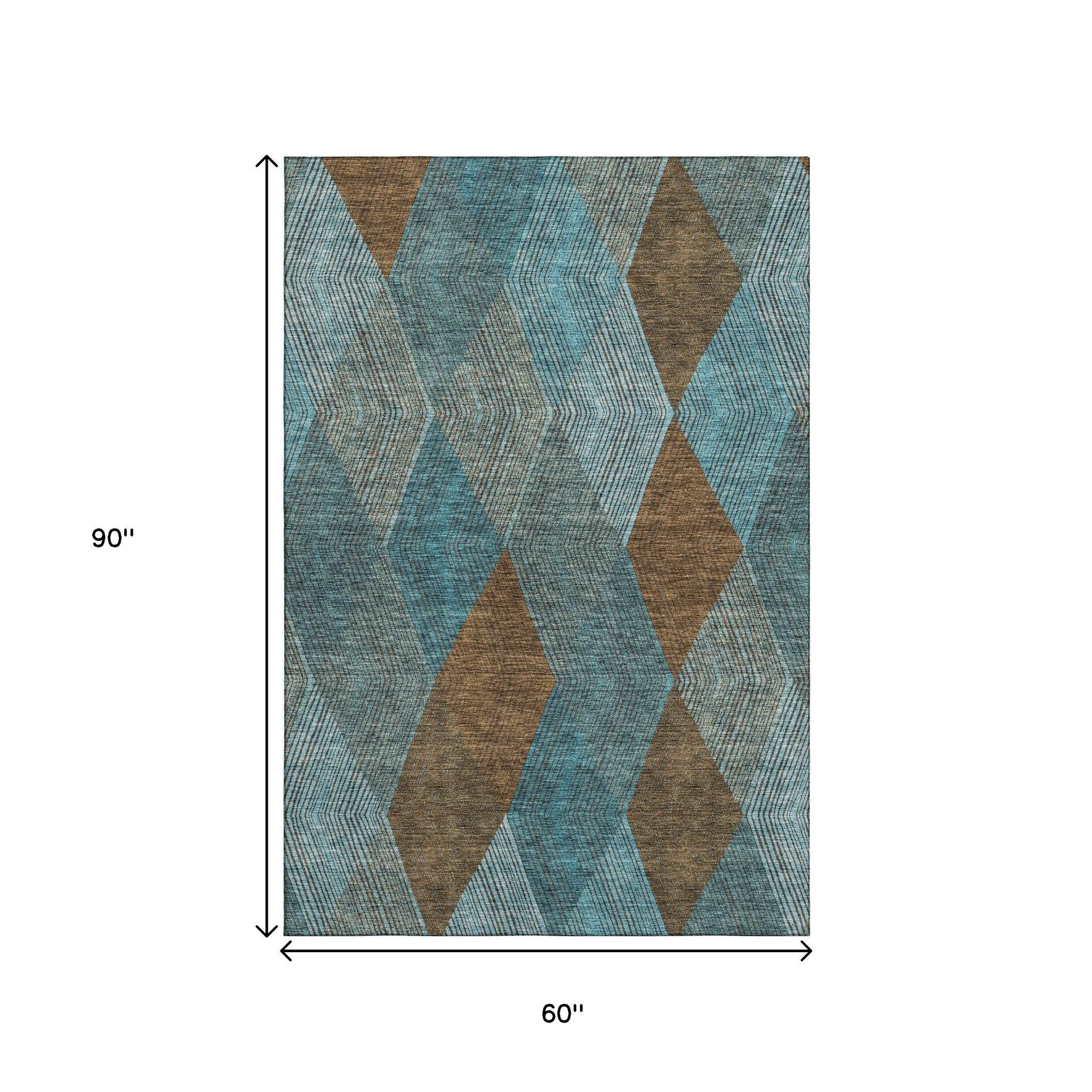 5' X 8' Teal And Brown Geometric Washable Area Rug With UV Protection - Home & Garden