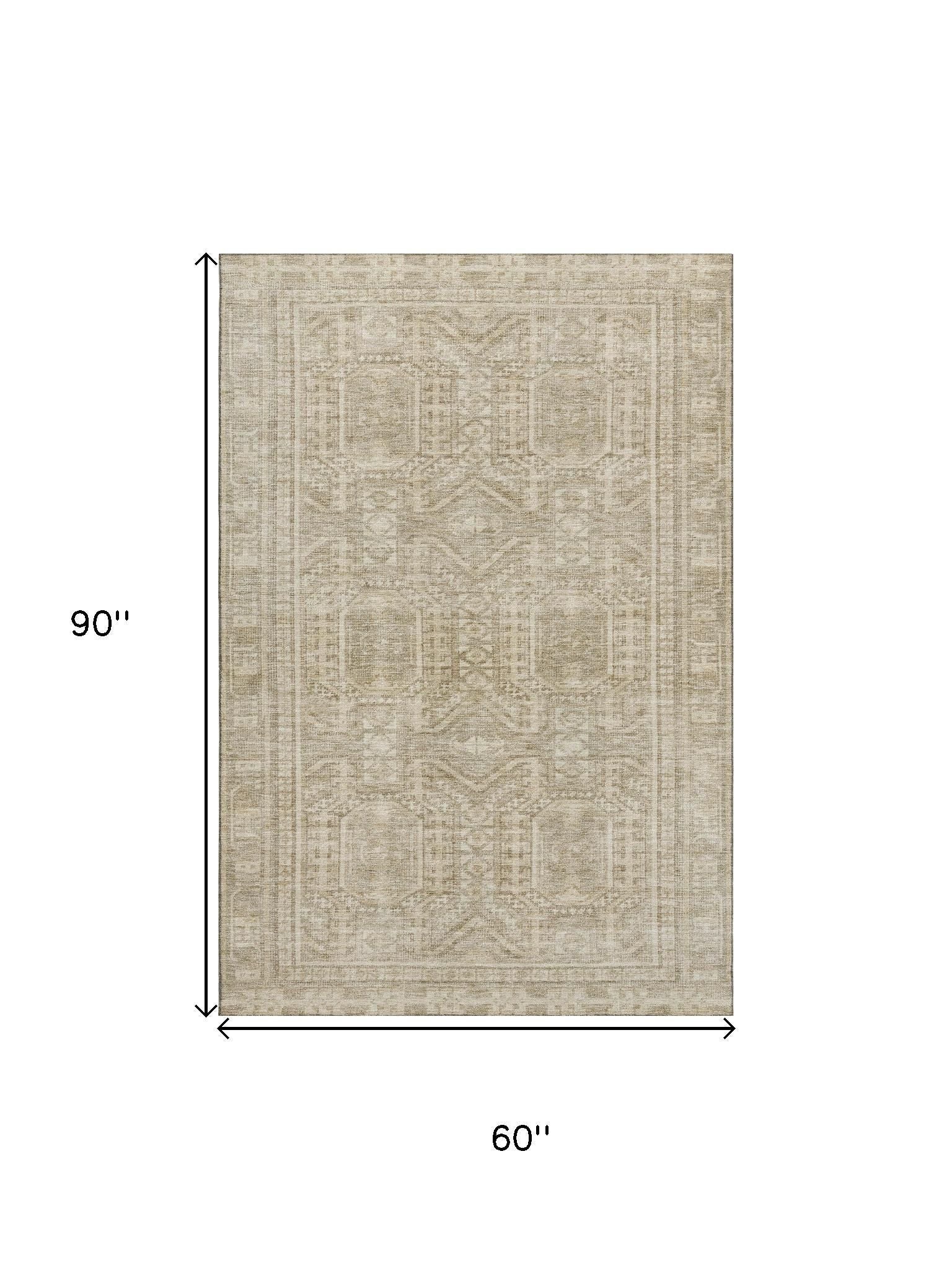 5' X 8' Beige And Taupe Geometric Washable Area Rug With UV Protection - Home & Garden