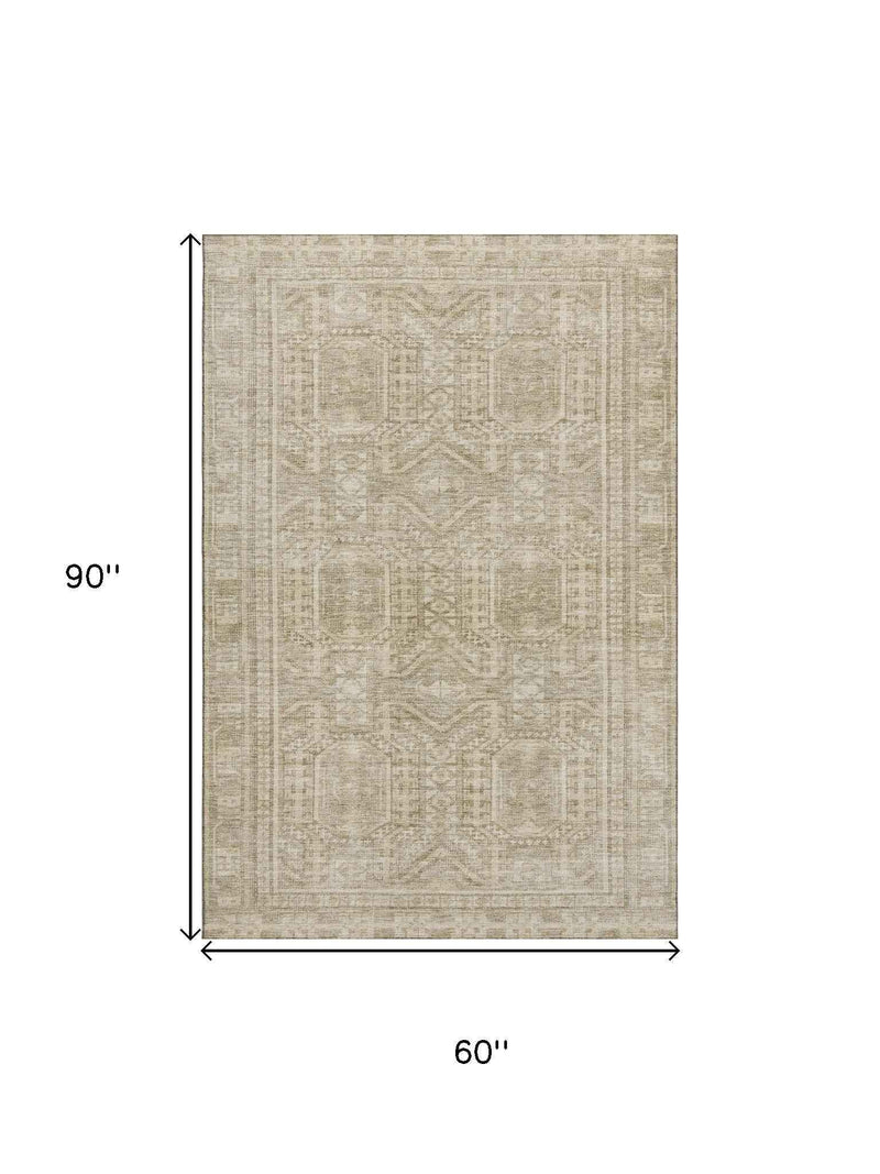 5' X 8' Beige And Taupe Geometric Washable Area Rug With UV Protection - Home & Garden