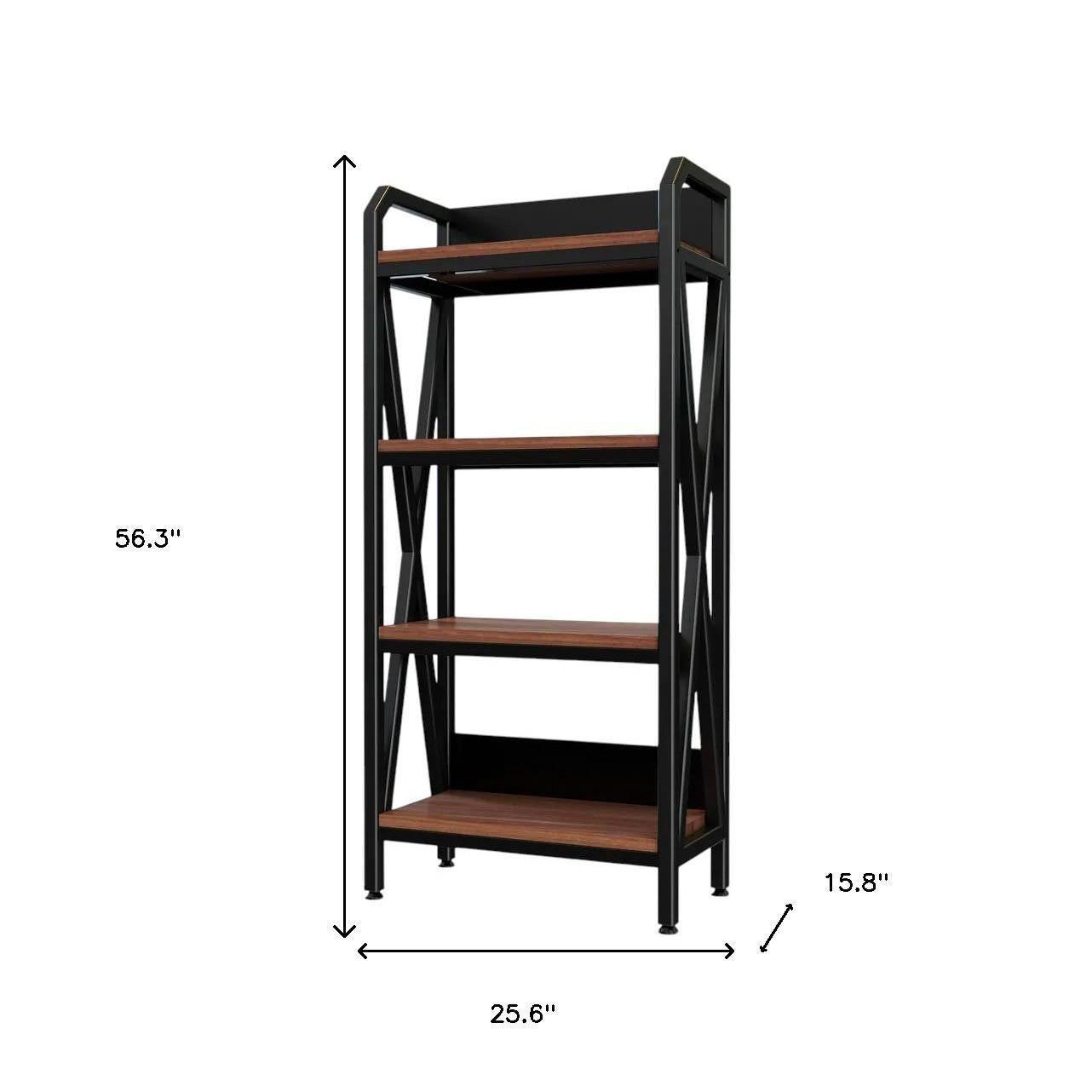 56" Black And Brown Metal and Wood Four Tier Etagere Bookcase - Office Supplies