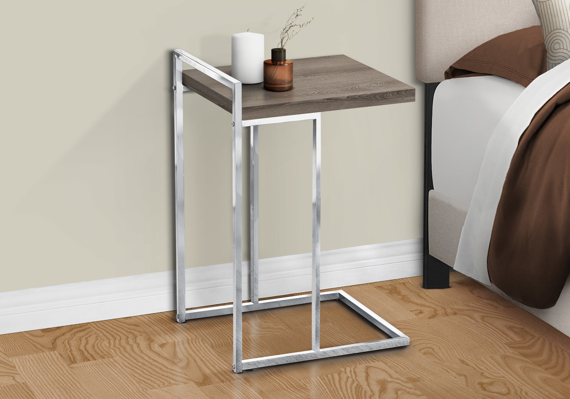 27" Taupe and Silver Wood and Iron End Table - Living Room
