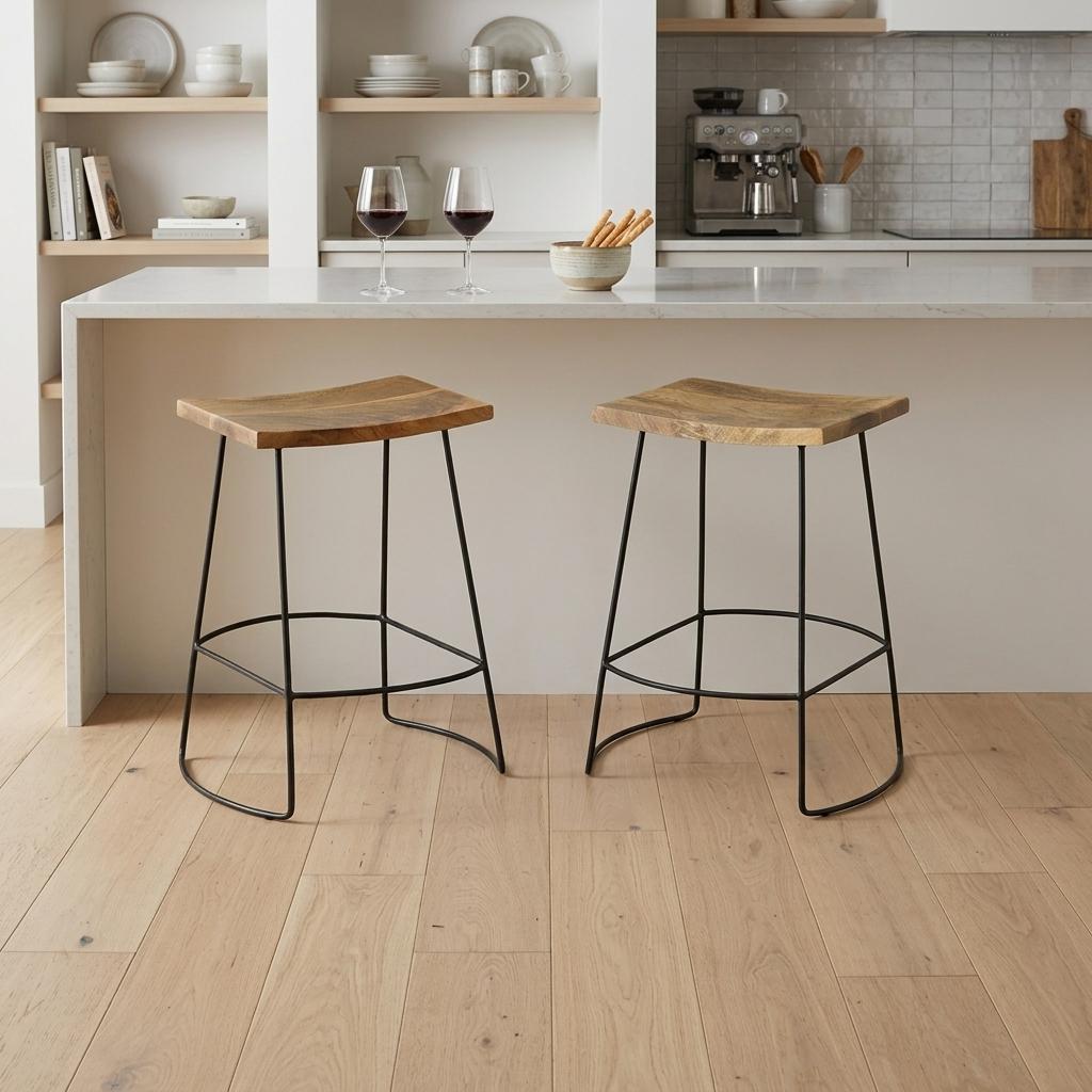 Set of Two 25" Natural And Black Solid Wood And Steel Backless Counter Height Bar Chairs - Living Room