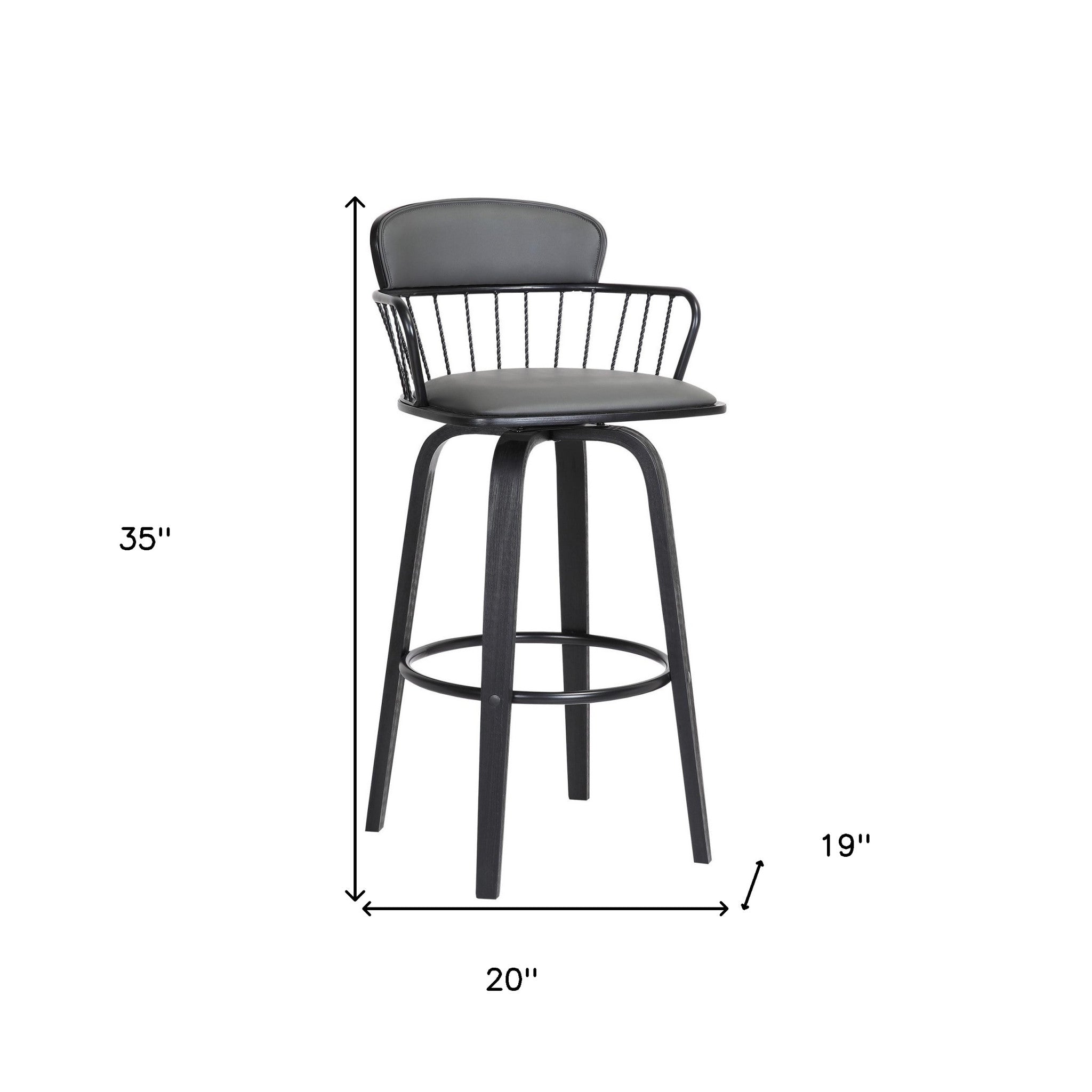 26" Gray And Black Faux Leather And Fabric And Wood Low Back Counter Height Swivel Bar Chair - Living Room
