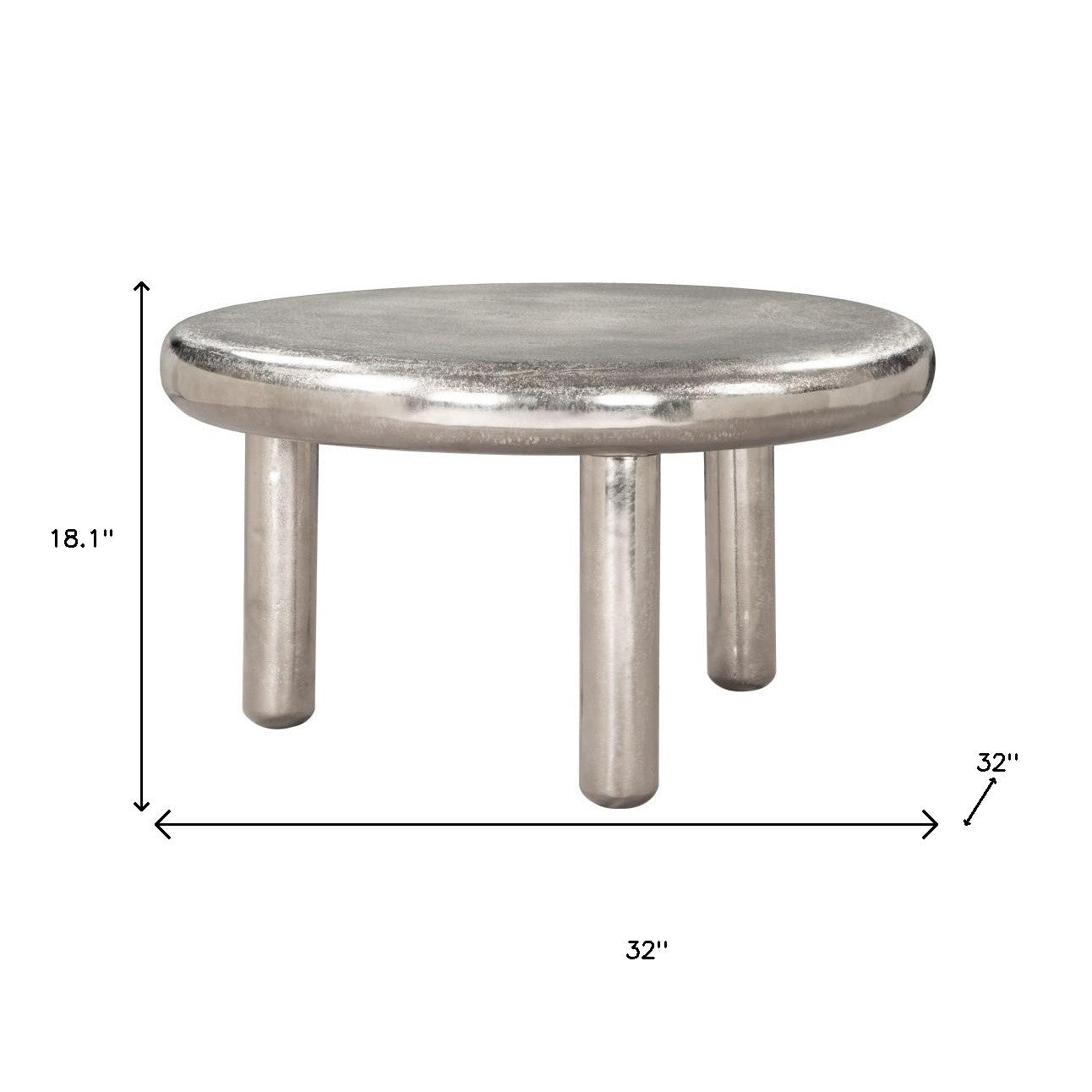 Silver round coffee table dimensions: 32" wide, 18.1" high, with four legs