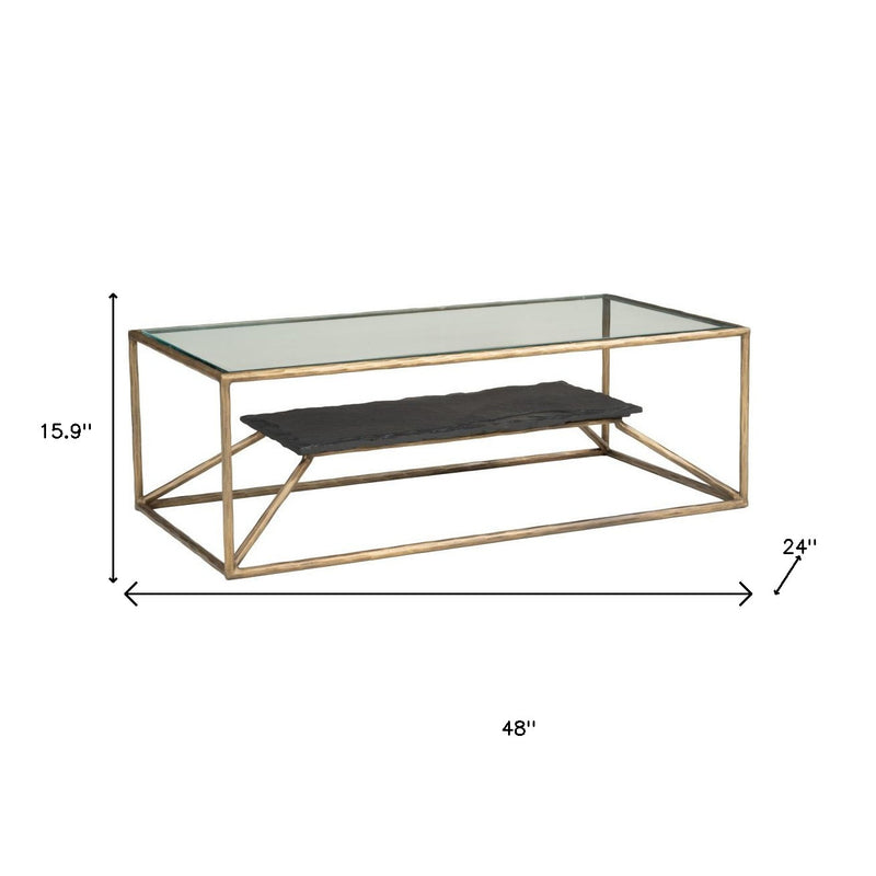 48-inch clear glass coffee table with black slate tray; 24 in x 15.9 in