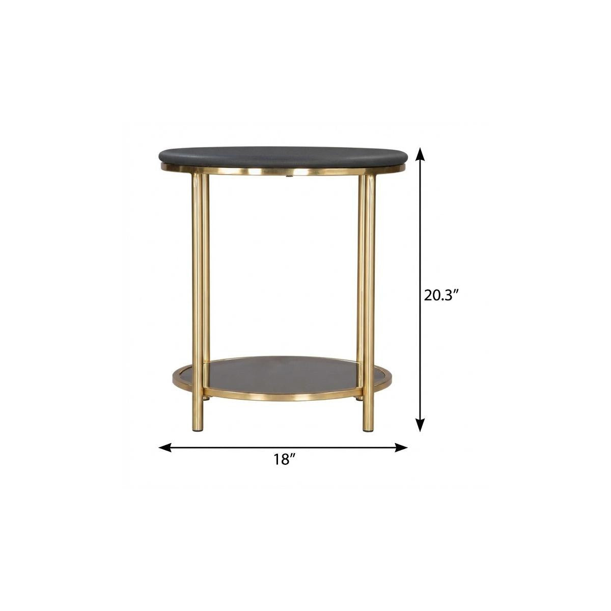 Round black-top side table, 18 in wide and 20.3 in tall, with gold legs