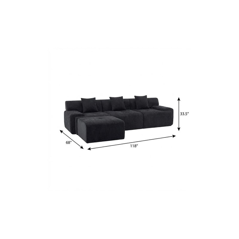 118" Black Chenille Modular Sofa With Ottoman And Toss Pillows - Living Room