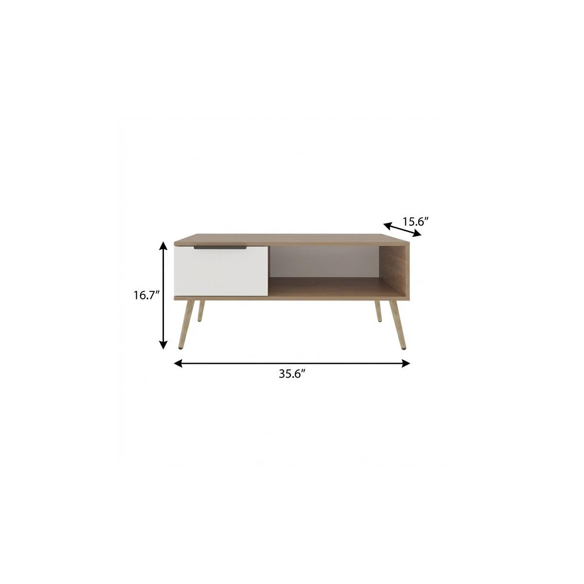 Brown wood coffee table with open shelf and white drawer, four angled legs