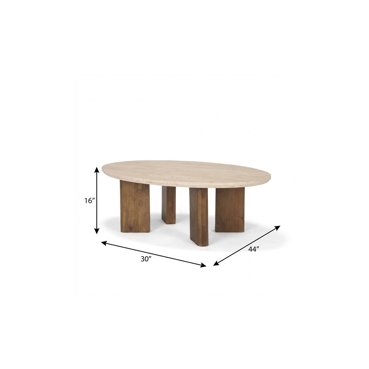 Oval coffee table diagram with beige top and brown wood legs