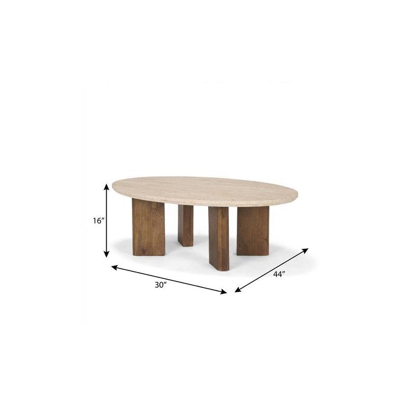 Oval coffee table diagram with beige top and brown wood legs