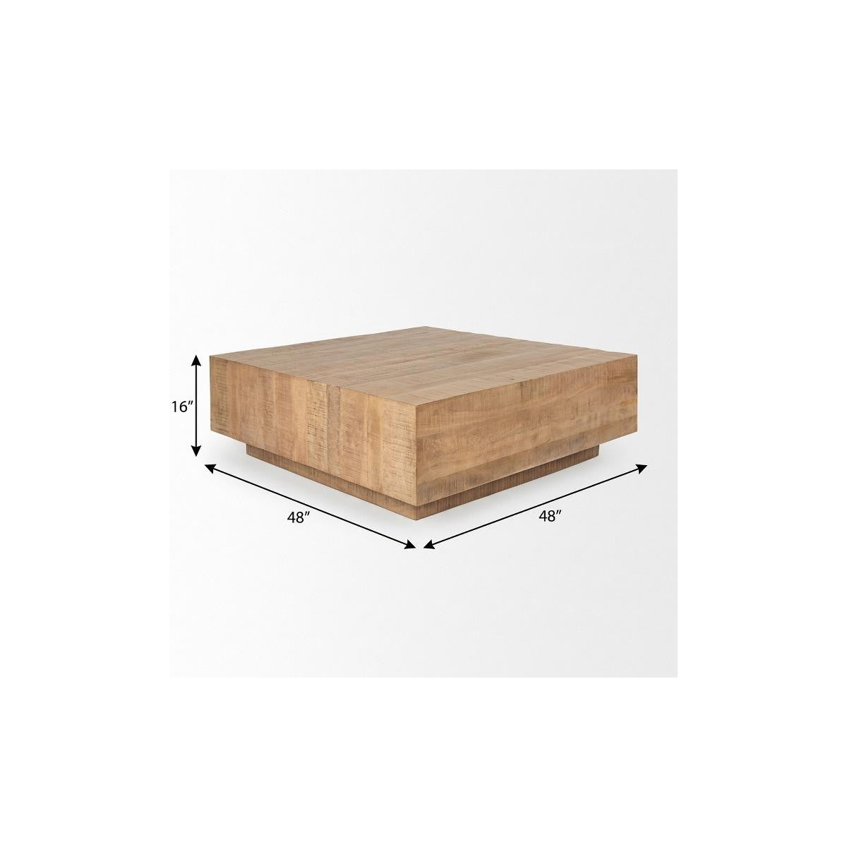 Square wood coffee table showing 48" width and 16" height