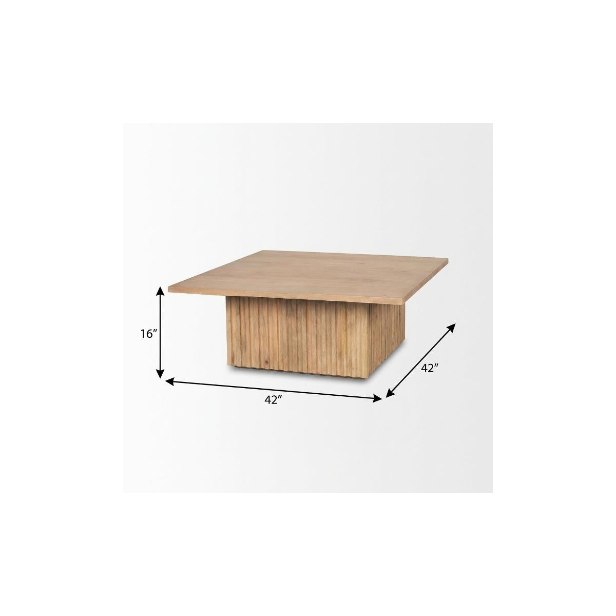 Square light brown solid wood coffee table, 42 in wide, 16 in tall view