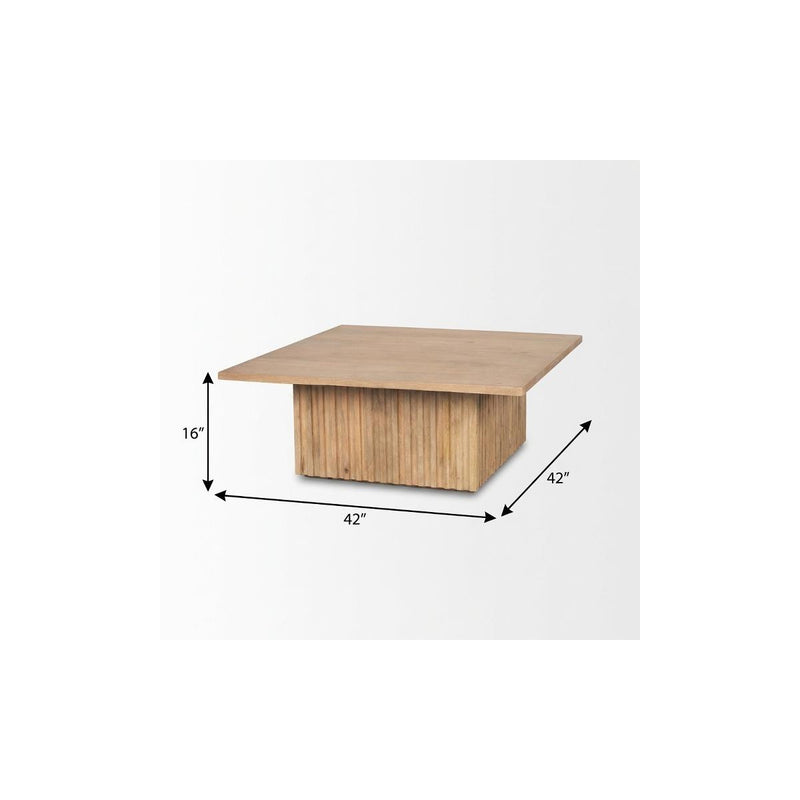 Square light brown solid wood coffee table, 42 in wide, 16 in tall view
